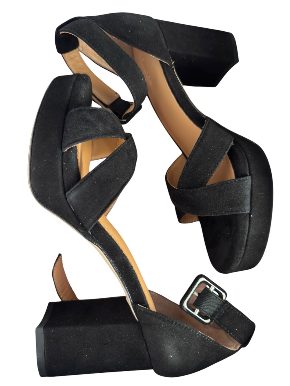 NWT Quince Italian Leather Crisscross Platform Sandals Black Suede Heels Sz 7 - Picture 2 of 6